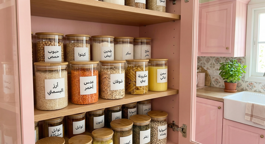 استخدام العلب الزجاجية والشفافة في تنظيم دواليب المطبخ لتوفير المساحة