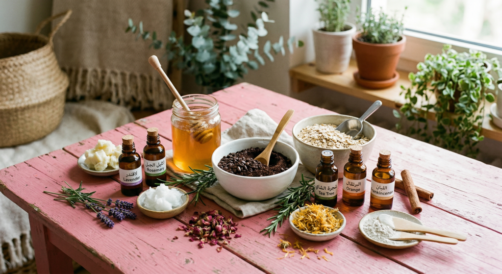 مكونات أساسية تستخدم في العناية الطبيعية بالجسم وتحضير الوصفات المنزلية.