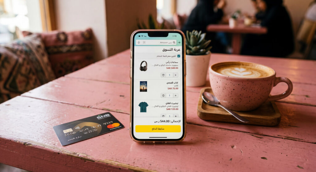 شاشة هاتف محمول تعرض سلة مشتريات إلكترونية بجوار بطاقة بنكية وفنجان قهوة