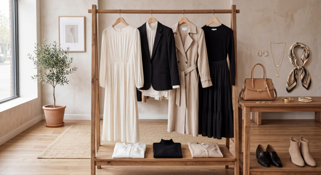 مجموعة أزياء بألوان محايدة ضرورية عند تنسيق خزانة ملابسك بذكاء.